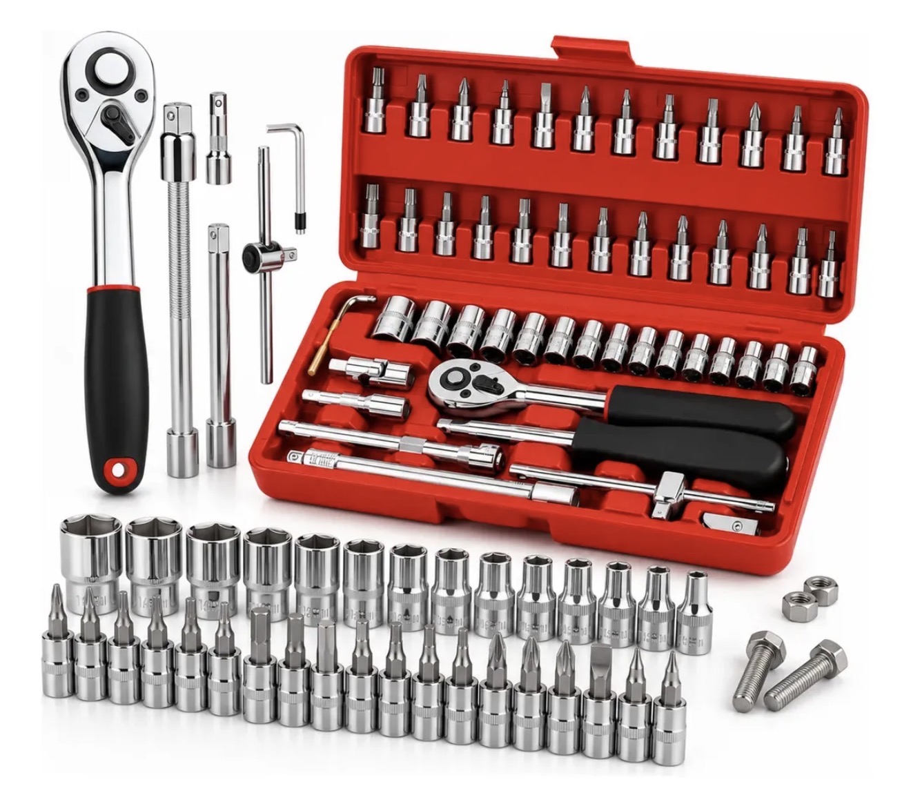 Kit Ferramentas 46 Peças Com Soquetes e Chaves Para Carro e Casa Vlx Vermelho